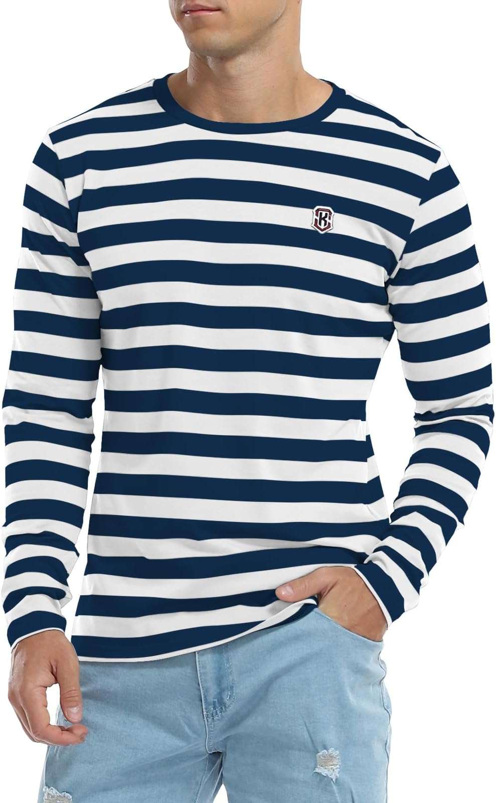 KESIHAN Men's Casual Striped Shirts Crewneck Long Sleeve Basic T-Shirt Basic Daily Work Stripe Tee Tops - Image 2