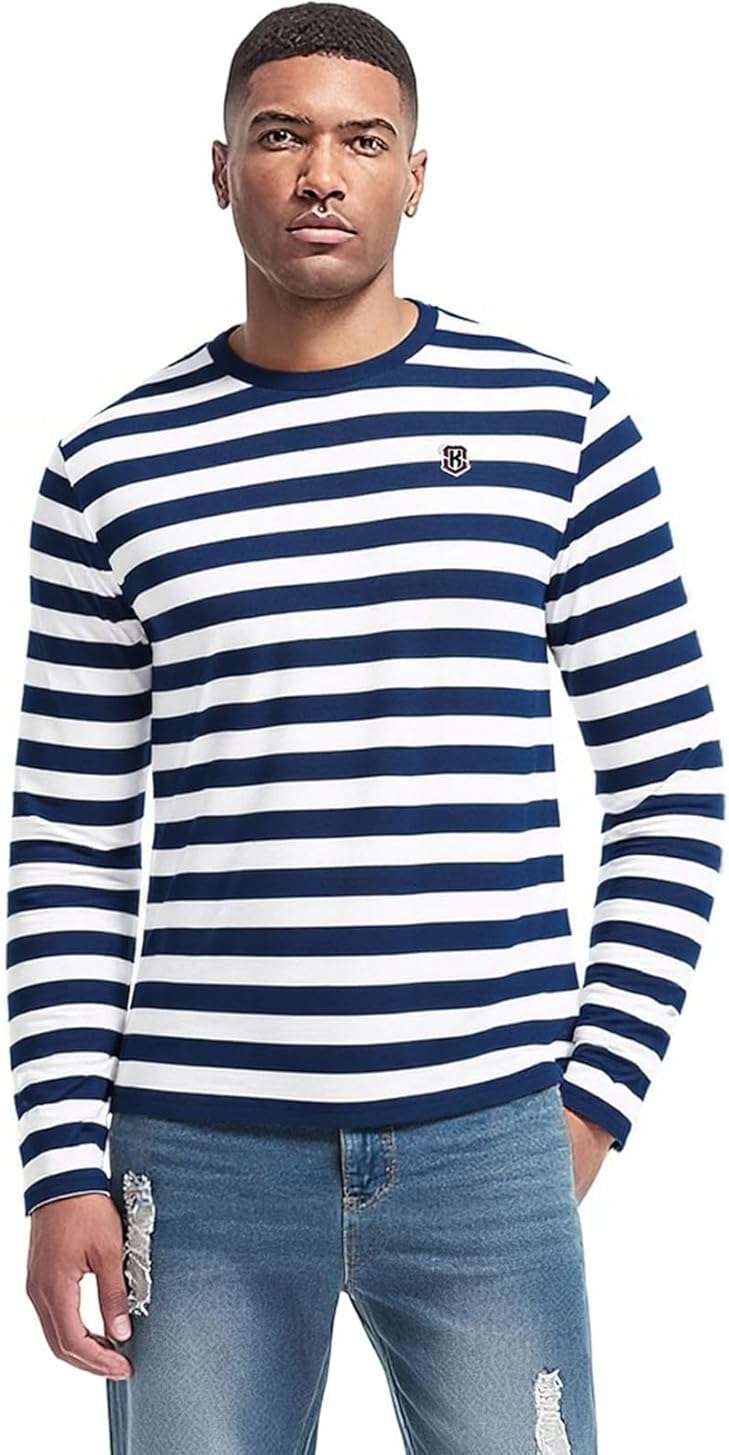 KESIHAN Men's Casual Striped Shirts Crewneck Long Sleeve Basic T-Shirt Basic Daily Work Stripe Tee Tops - Image 5