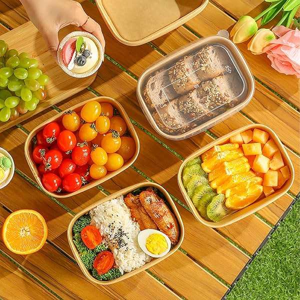 50-Pack 29oz Disposable Kraft Paper Bowls【with Lids and Forks】,Meal Prep Containers Disposable Togo Food Deli Containers for Restaurant Supplies Take Out Containers, Microwave Safe for Hot/Cold Food - Image 2