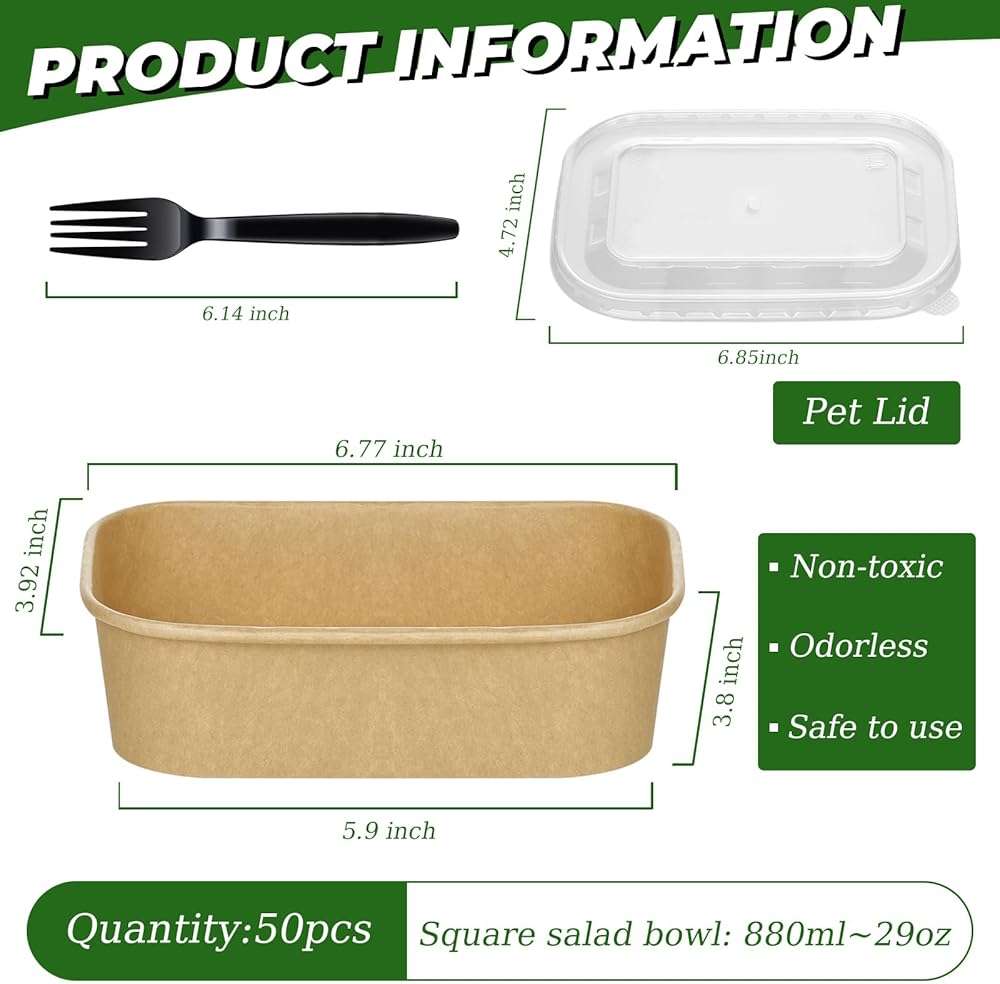 50-Pack 29oz Disposable Kraft Paper Bowls【with Lids and Forks】,Meal Prep Containers Disposable Togo Food Deli Containers for Restaurant Supplies Take Out Containers, Microwave Safe for Hot/Cold Food - Image 3