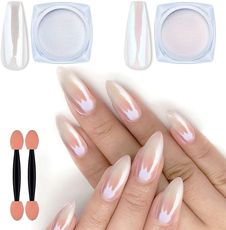 Artdone 2 Jars Chrome Nail Powder White and Red Pearl, Iridescent Aurora Powder Metallic Mirror Effect Pigment Pearlescent Mermaid Pearl Dust Kit, Decoration Acrylic Resin Craft - Image 1