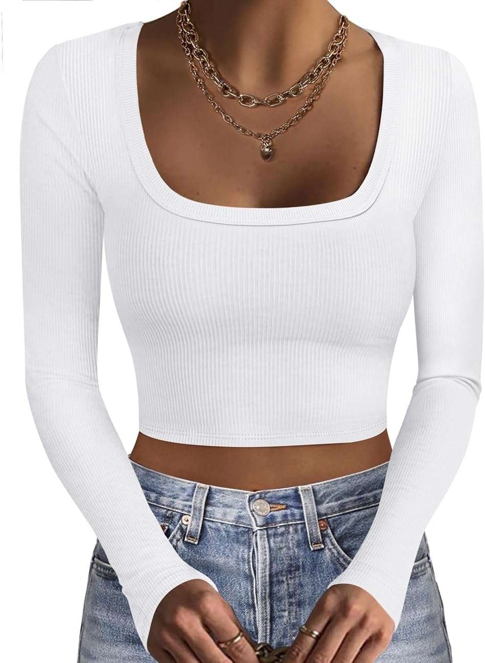 Ekouaer Womens Long Sleeve Square Neck Crop Top Ribbed Slim Fitted Going Out Y2K Tops Casual Basic Shirts Tee - Image 1