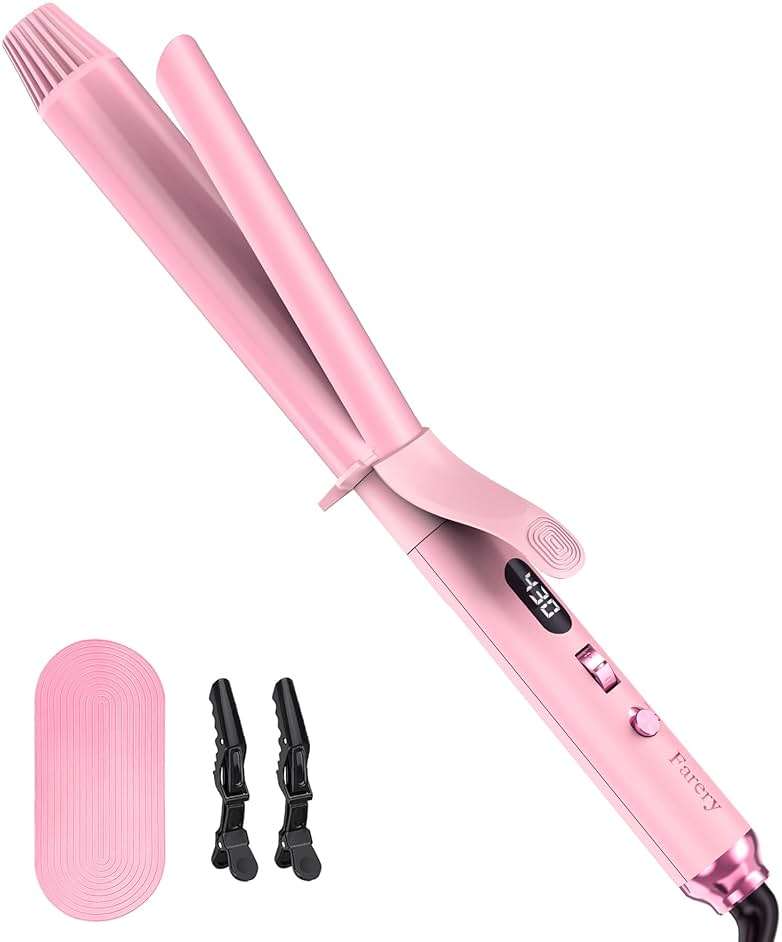 FARERY Long Barrel Curling Iron 1 1/4 inch, 1.25 Inch Curling Iron for Thin Hair, Infused Argan Oil & Keratin, 11 Adjustable Temp, Include Clips & Silicone Pad, Pink - Image 1