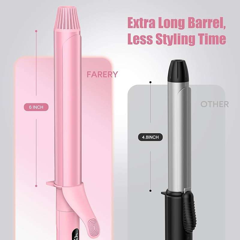 FARERY Long Barrel Curling Iron 1 1/4 inch, 1.25 Inch Curling Iron for Thin Hair, Infused Argan Oil & Keratin, 11 Adjustable Temp, Include Clips & Silicone Pad, Pink - Image 2
