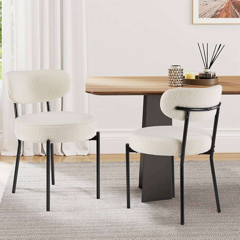 Sweetcrispy Dining Chairs Set of 2, Boucle Upholstered Modern Mid Century Round Kitchen Chairs with Curved Backrest & Metal Legs for Vanity, Living Room - Beige - Image 1