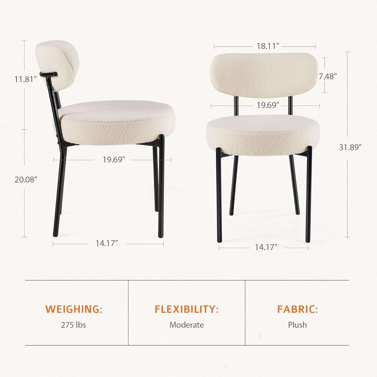 Sweetcrispy Dining Chairs Set of 2, Boucle Upholstered Modern Mid Century Round Kitchen Chairs with Curved Backrest & Metal Legs for Vanity, Living Room - Beige - Image 2