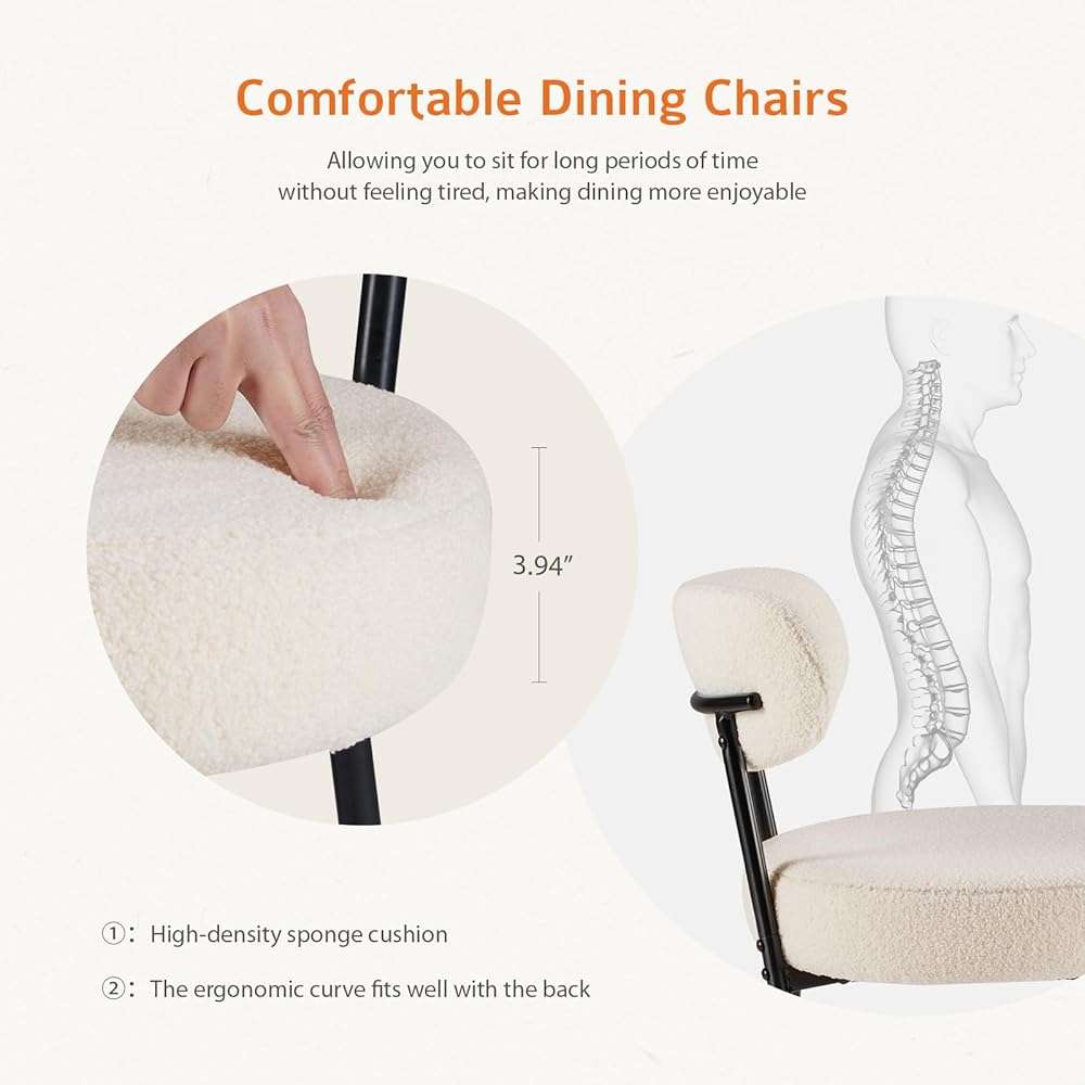 Sweetcrispy Dining Chairs Set of 2, Boucle Upholstered Modern Mid Century Round Kitchen Chairs with Curved Backrest & Metal Legs for Vanity, Living Room - Beige - Image 4