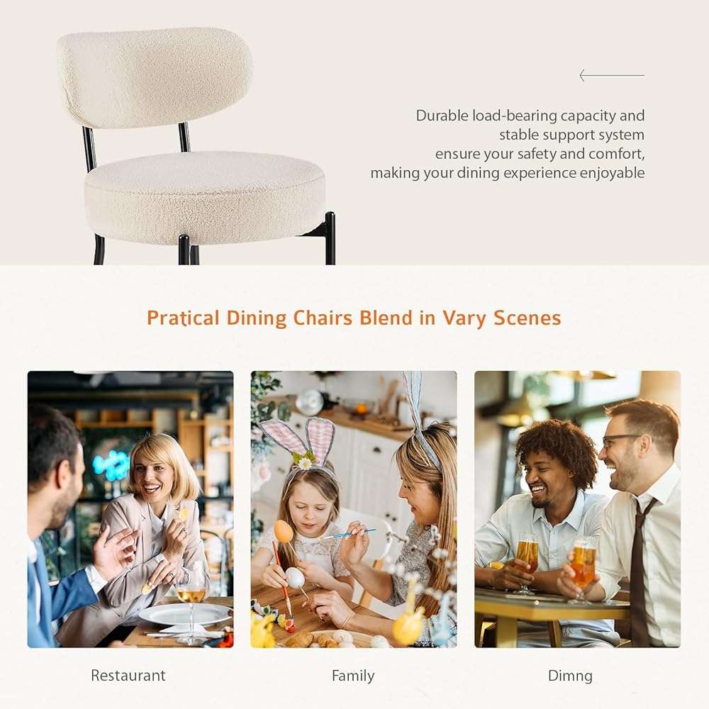 Sweetcrispy Dining Chairs Set of 2, Boucle Upholstered Modern Mid Century Round Kitchen Chairs with Curved Backrest & Metal Legs for Vanity, Living Room - Beige - Image 6