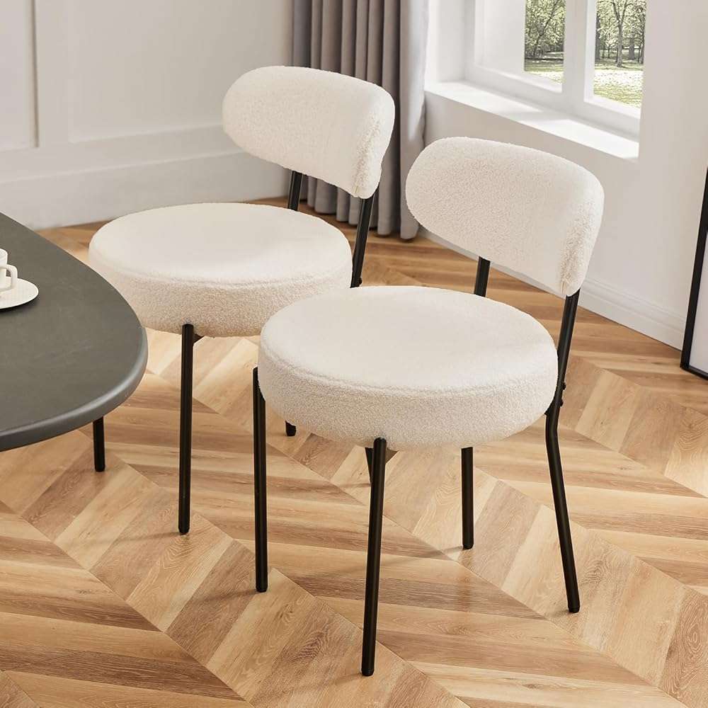 Sweetcrispy Dining Chairs Set of 2, Boucle Upholstered Modern Mid Century Round Kitchen Chairs with Curved Backrest & Metal Legs for Vanity, Living Room - Beige - Image 7