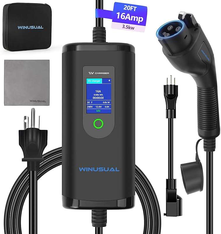 WINUSUAL Portable Level 1 and 2 EV Charger,16A 110-240V with Fix Time Charge, 20FT Cable, NEMA 6-20 Plug and NEMA 5-15 Adapter, SAE J1772 EV Electric car Charger, Current Adjustable(NOT for Tesla) - Image 1