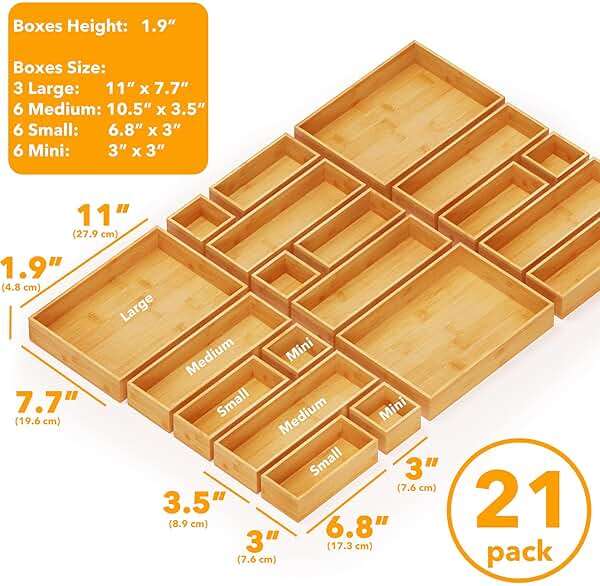 SpaceAid 21-Piece Bamboo Drawer Organizer Storage Boxes Set, Wood Tray Junk Drawer Organizers Multi-Use Divider Bins for Kitchen, Bathroom, Office Desk and Makeup Organization (21 Pack, Natural) - Image 2