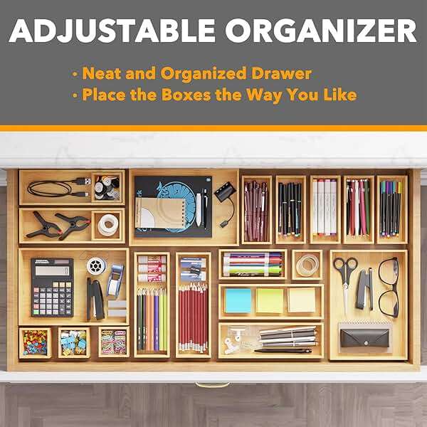 SpaceAid 21-Piece Bamboo Drawer Organizer Storage Boxes Set, Wood Tray Junk Drawer Organizers Multi-Use Divider Bins for Kitchen, Bathroom, Office Desk and Makeup Organization (21 Pack, Natural) - Image 5