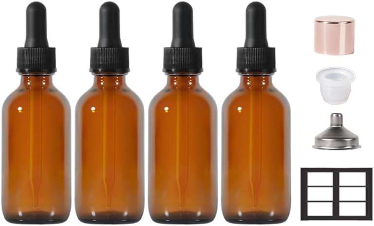 Dropper Bottle,2 oz 4 Pack Glass Droppers Bottle for Oils Eye Dropper Small Travel Oil Amber Dropper with 1 Funnel & 6 Labels - Essential Oils Bottles Tincture Bottles With Dropper Leakproof - Image 1