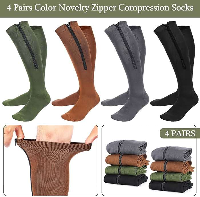Tarpop 4 Pairs Men Zipper Compression Socks Colorful 20-30mmhg Compression Stockings with Zipper for Men Women Swelling Edema - Image 4