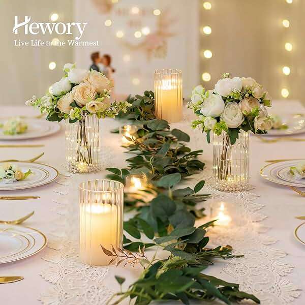 Hewory Glass Hurricane Candle Holders Set of 6, Clear Glass Cylinder Vases for Pillar & Floating Candles, 6 inch - Centerpieces, Wedding & Christmas Home Decor - Image 4
