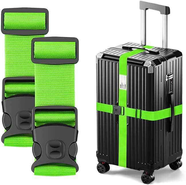 BILIONE Luggage Straps 88 inch Adjustable Suitcase Belt, Lockable Against Accidental Opening, Easy to Identify Travel Accessories, Add a Bag Connector Holds Suitcase Together (Energetic Green, 2) - Image 1