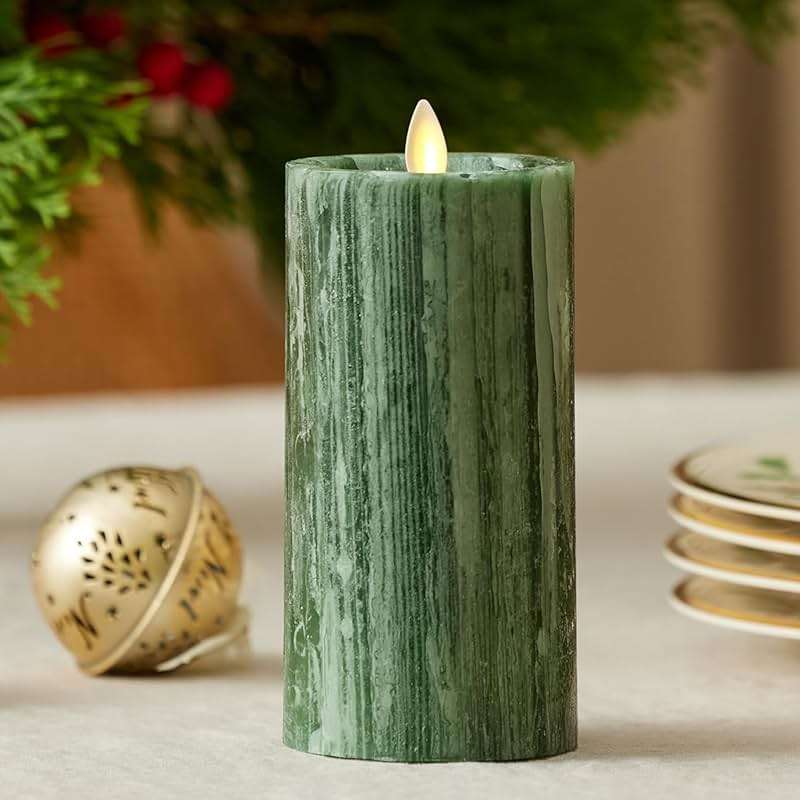 Luminara Selenite Looking Flameless Candle, Holiday Green 3" x 6.5", Battery Operated Real Wax Moving Flame LED Pillar w/Timer, Home Decor Unscented - Image 1