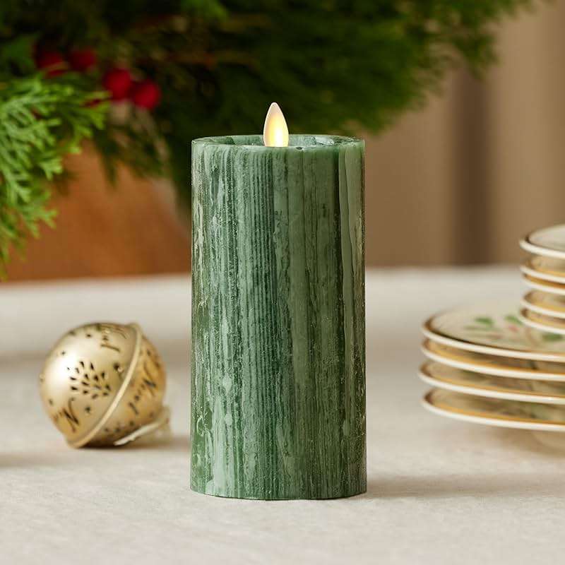 Luminara Selenite Looking Flameless Candle, Holiday Green 3" x 6.5", Battery Operated Real Wax Moving Flame LED Pillar w/Timer, Home Decor Unscented - Image 2