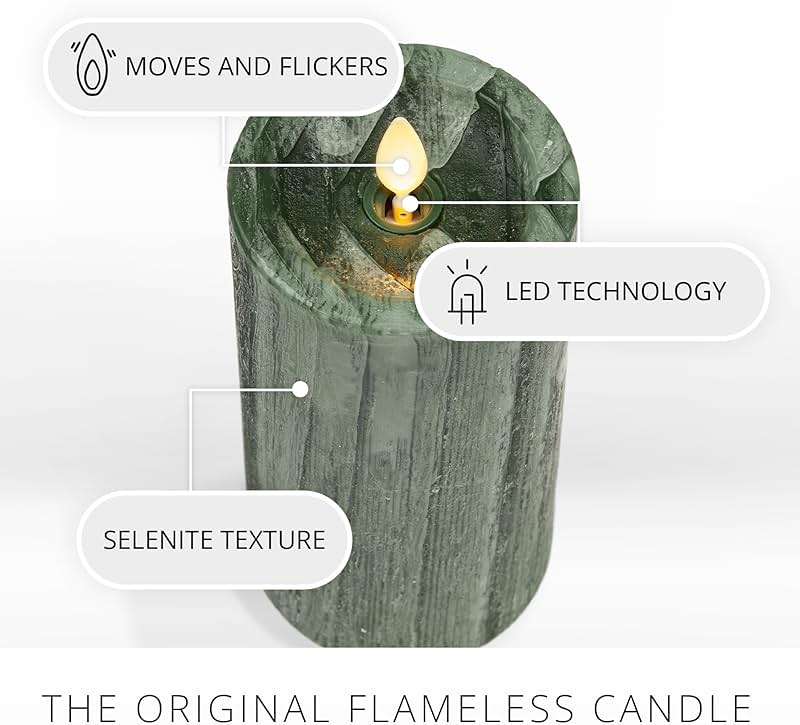 Luminara Selenite Looking Flameless Candle, Holiday Green 3" x 6.5", Battery Operated Real Wax Moving Flame LED Pillar w/Timer, Home Decor Unscented - Image 3