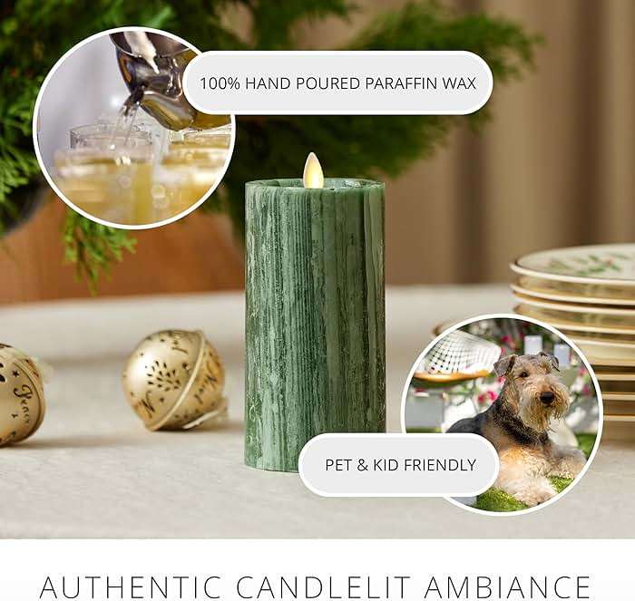 Luminara Selenite Looking Flameless Candle, Holiday Green 3" x 6.5", Battery Operated Real Wax Moving Flame LED Pillar w/Timer, Home Decor Unscented - Image 5