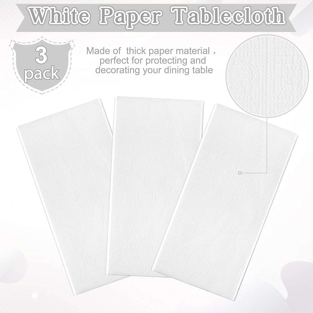 Ragnhild 3 Pack White Paper Tablecloths for Rectangle Tables, 3 Ply Paper Disposable Table Cloths for Parties, Bulk Rectangle Party Table Cover for Birthday, Wedding, Anniversary, Banquet, 54x108Inch - Image 5