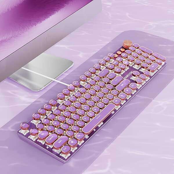 EWEADN Wired Typewriter Mechanical Keyboard, Low Noise Pink Switch Retro Punk Keyboard with Media Knob, White Backlit, Metal Panel, 104-Key Round Keycaps Cute Keyboard for Windows PC -Purple - Image 1