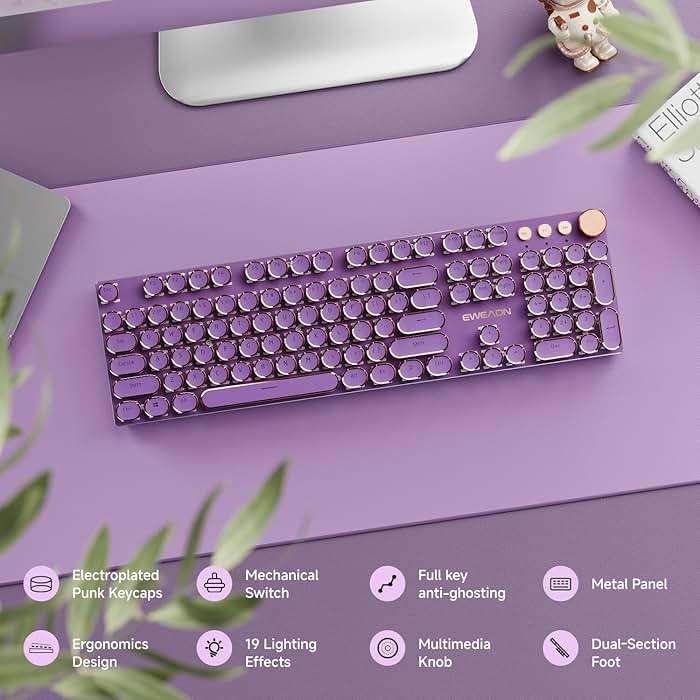EWEADN Wired Typewriter Mechanical Keyboard, Low Noise Pink Switch Retro Punk Keyboard with Media Knob, White Backlit, Metal Panel, 104-Key Round Keycaps Cute Keyboard for Windows PC -Purple - Image 3