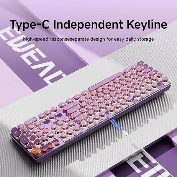 EWEADN Wired Typewriter Mechanical Keyboard, Low Noise Pink Switch Retro Punk Keyboard with Media Knob, White Backlit, Metal Panel, 104-Key Round Keycaps Cute Keyboard for Windows PC -Purple - Image 4