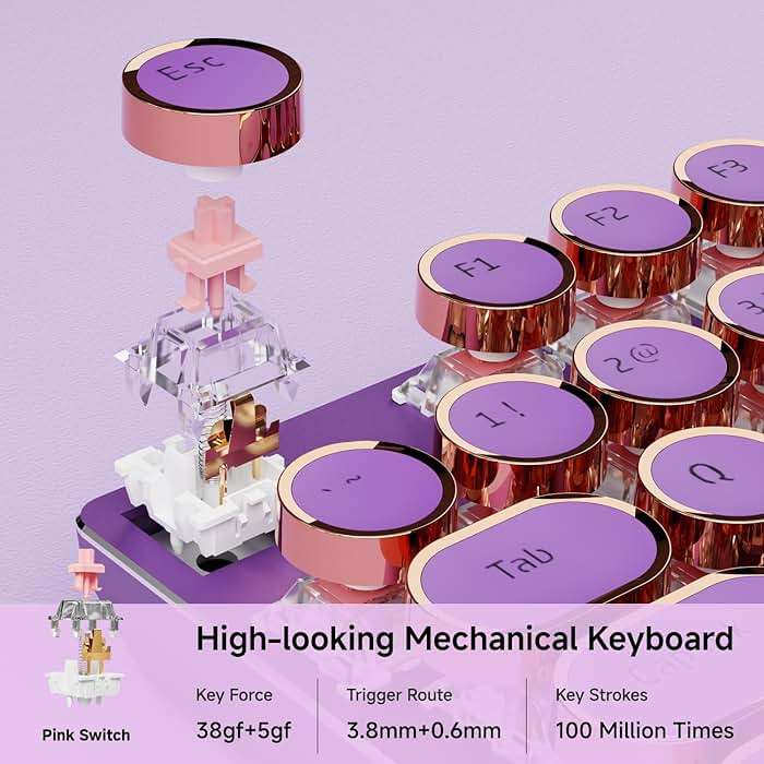 EWEADN Wired Typewriter Mechanical Keyboard, Low Noise Pink Switch Retro Punk Keyboard with Media Knob, White Backlit, Metal Panel, 104-Key Round Keycaps Cute Keyboard for Windows PC -Purple - Image 5