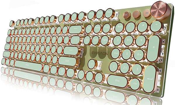 EWEADN Wired Typewriter Mechanical Keyboard, Low Noise Retro Punk Keyboard with Media Knob, White Backlit, Metal Panel, 104-Key Round Keycaps gaming Keyboard for Windows PC, Pink Switch, Green - Image 1