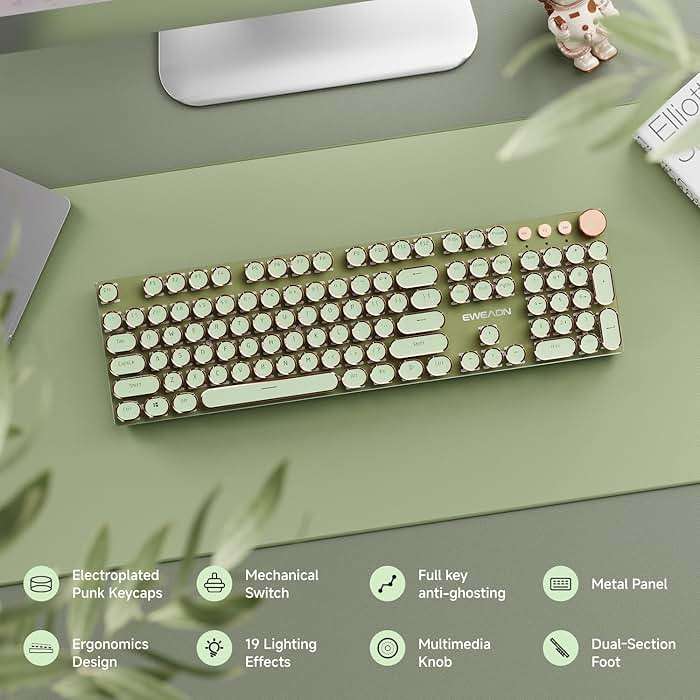 EWEADN Wired Typewriter Mechanical Keyboard, Low Noise Retro Punk Keyboard with Media Knob, White Backlit, Metal Panel, 104-Key Round Keycaps gaming Keyboard for Windows PC, Pink Switch, Green - Image 2