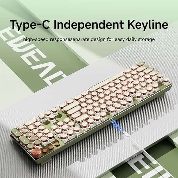 EWEADN Wired Typewriter Mechanical Keyboard, Low Noise Retro Punk Keyboard with Media Knob, White Backlit, Metal Panel, 104-Key Round Keycaps gaming Keyboard for Windows PC, Pink Switch, Green - Image 3