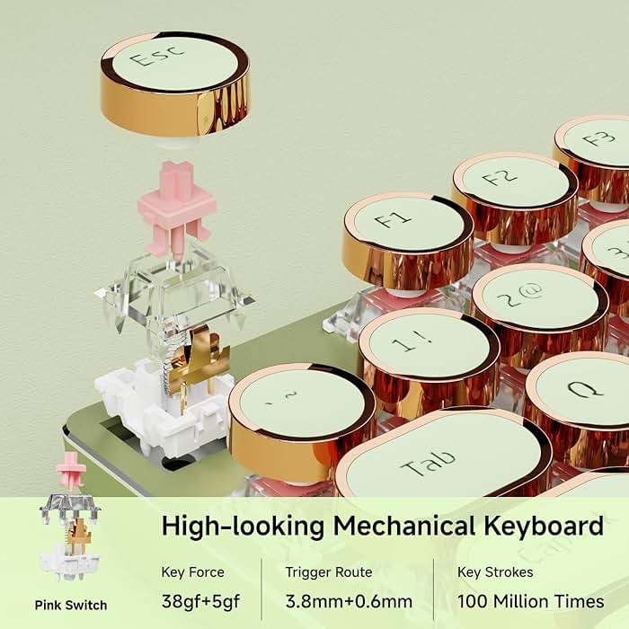 EWEADN Wired Typewriter Mechanical Keyboard, Low Noise Retro Punk Keyboard with Media Knob, White Backlit, Metal Panel, 104-Key Round Keycaps gaming Keyboard for Windows PC, Pink Switch, Green - Image 4