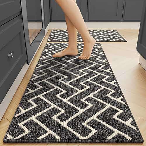 hicorfe Kitchen Runner Rug,Set of 2 Non Slip Kitchen Mats for Floor,Comfort Washabe Kitchen Rugs Carpet for Hallways Entryway Laundry Room(20"x32"+20"x59",Black) - Image 1