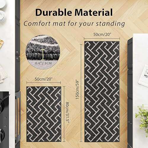 hicorfe Kitchen Runner Rug,Set of 2 Non Slip Kitchen Mats for Floor,Comfort Washabe Kitchen Rugs Carpet for Hallways Entryway Laundry Room(20"x32"+20"x59",Black) - Image 2