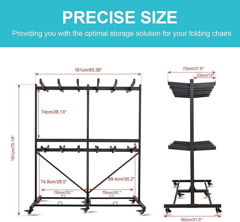 Geptipai Folding Chair Cart 800 lbs Capacity - Heavy Duty 2-Tier Chairs Rack with Locking Wheels for 84 Chairs, Folding Chair Storage Dolly for Event, Church, Garage - Image 3