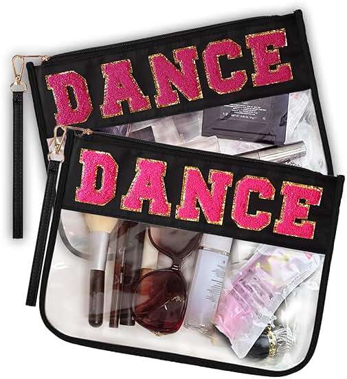 RolenBox 2PCS Dance Makeup Bag Ballet Competition Accessories Chenille Letter Preppy Patch Cosmetic Bag Flat Clear Toiletry Waterproof Zipper Pouch for Women Teacher Appreciation Gifts (Black) - Image 1