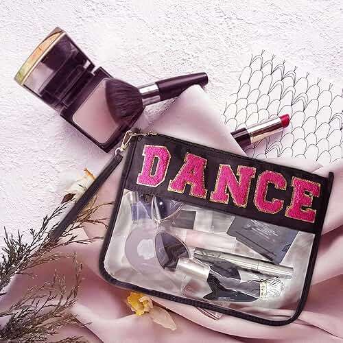 RolenBox 2PCS Dance Makeup Bag Ballet Competition Accessories Chenille Letter Preppy Patch Cosmetic Bag Flat Clear Toiletry Waterproof Zipper Pouch for Women Teacher Appreciation Gifts (Black) - Image 2
