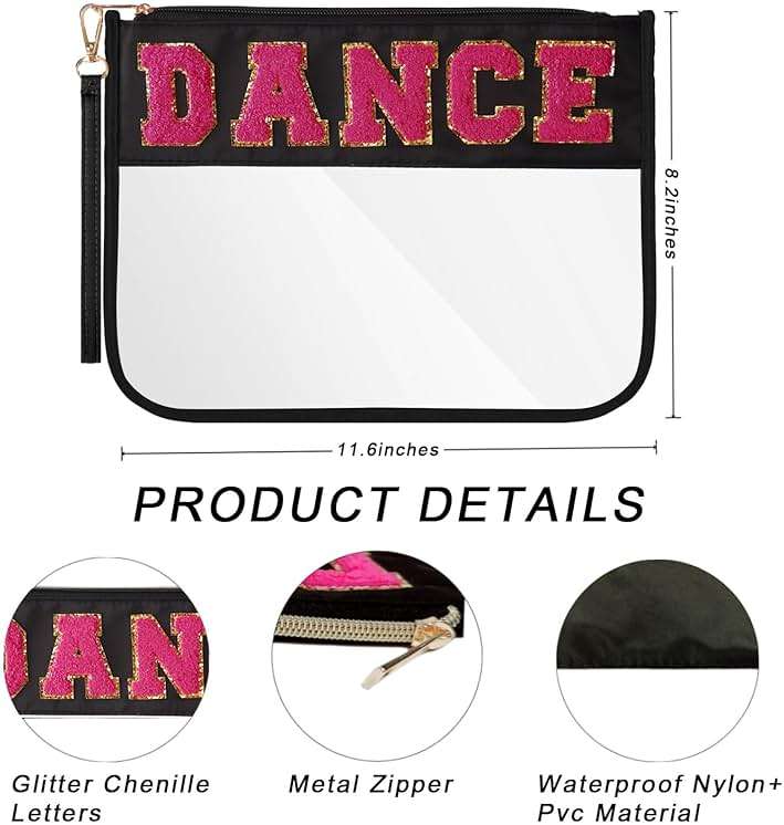 RolenBox 2PCS Dance Makeup Bag Ballet Competition Accessories Chenille Letter Preppy Patch Cosmetic Bag Flat Clear Toiletry Waterproof Zipper Pouch for Women Teacher Appreciation Gifts (Black) - Image 4