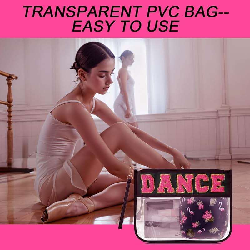 RolenBox 2PCS Dance Makeup Bag Ballet Competition Accessories Chenille Letter Preppy Patch Cosmetic Bag Flat Clear Toiletry Waterproof Zipper Pouch for Women Teacher Appreciation Gifts (Black) - Image 5