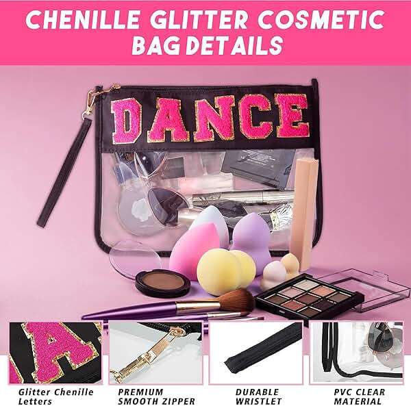 RolenBox 2PCS Dance Makeup Bag Ballet Competition Accessories Chenille Letter Preppy Patch Cosmetic Bag Flat Clear Toiletry Waterproof Zipper Pouch for Women Teacher Appreciation Gifts (Black) - Image 6