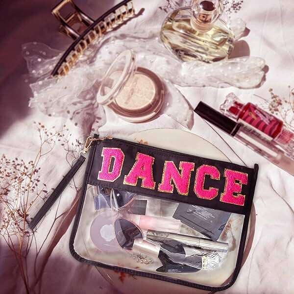 RolenBox 2PCS Dance Makeup Bag Ballet Competition Accessories Chenille Letter Preppy Patch Cosmetic Bag Flat Clear Toiletry Waterproof Zipper Pouch for Women Teacher Appreciation Gifts (Black) - Image 7