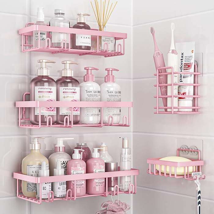 Liuoud 5 Pack Shower Caddy Organizer Rack Shelf for Inside Shower, Adhesive Bathroom Wall Storage Basket Rustproof Stainless Steel Shampoo Holder, Girly Bathroom Accessory Decor Set, Pink - Image 1