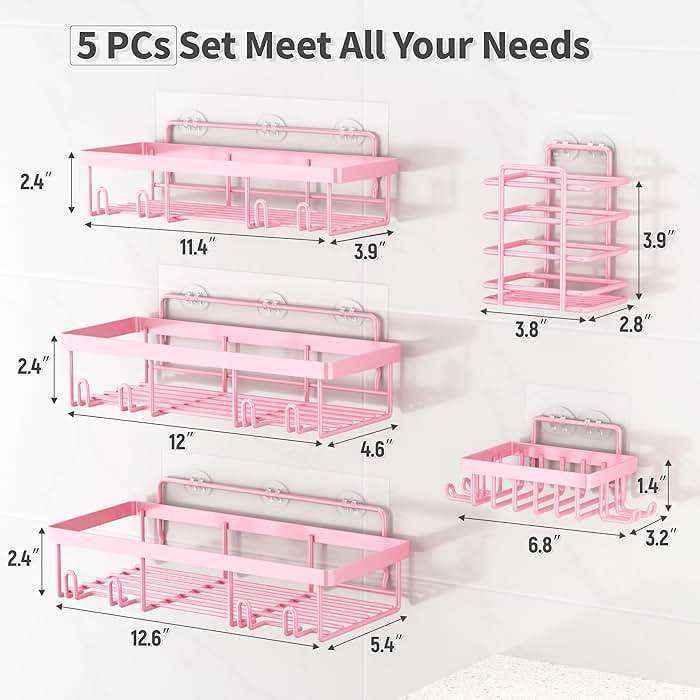 Liuoud 5 Pack Shower Caddy Organizer Rack Shelf for Inside Shower, Adhesive Bathroom Wall Storage Basket Rustproof Stainless Steel Shampoo Holder, Girly Bathroom Accessory Decor Set, Pink - Image 2