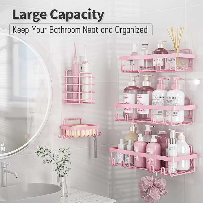 Liuoud 5 Pack Shower Caddy Organizer Rack Shelf for Inside Shower, Adhesive Bathroom Wall Storage Basket Rustproof Stainless Steel Shampoo Holder, Girly Bathroom Accessory Decor Set, Pink - Image 3