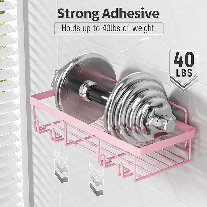 Liuoud 5 Pack Shower Caddy Organizer Rack Shelf for Inside Shower, Adhesive Bathroom Wall Storage Basket Rustproof Stainless Steel Shampoo Holder, Girly Bathroom Accessory Decor Set, Pink - Image 4