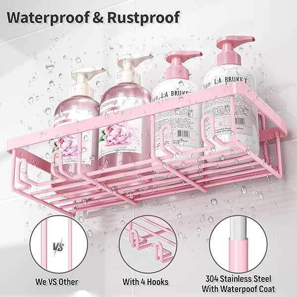 Liuoud 5 Pack Shower Caddy Organizer Rack Shelf for Inside Shower, Adhesive Bathroom Wall Storage Basket Rustproof Stainless Steel Shampoo Holder, Girly Bathroom Accessory Decor Set, Pink - Image 5