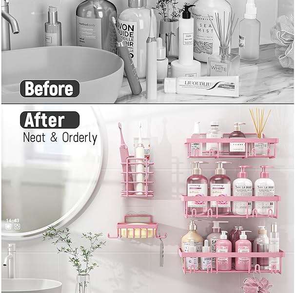 Liuoud 5 Pack Shower Caddy Organizer Rack Shelf for Inside Shower, Adhesive Bathroom Wall Storage Basket Rustproof Stainless Steel Shampoo Holder, Girly Bathroom Accessory Decor Set, Pink - Image 6