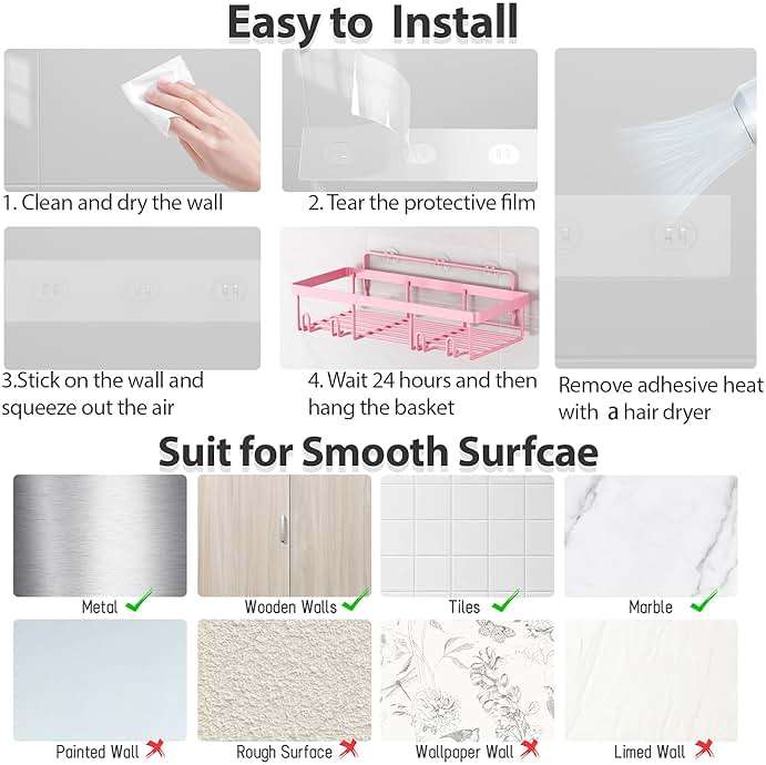 Liuoud 5 Pack Shower Caddy Organizer Rack Shelf for Inside Shower, Adhesive Bathroom Wall Storage Basket Rustproof Stainless Steel Shampoo Holder, Girly Bathroom Accessory Decor Set, Pink - Image 7