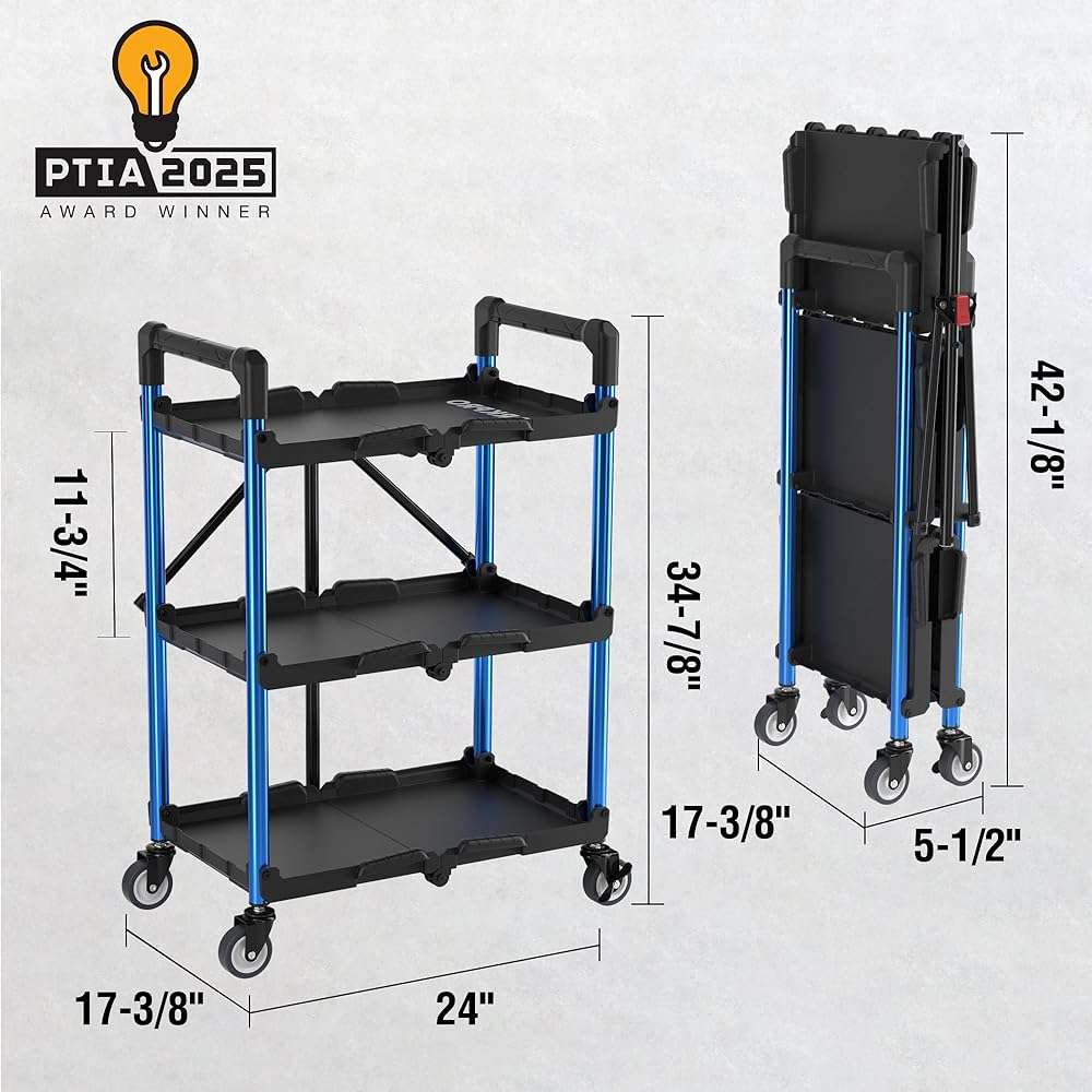 WORKPRO 3-Tier Collapsible Service Cart, Black/Blue, 210 LBS Foldable Utility Cart with Wheels, Portable Rolling Tool Cart for Garage, Warehouse, Home, Restaurant and Office (No Assembly Required) - Image 2